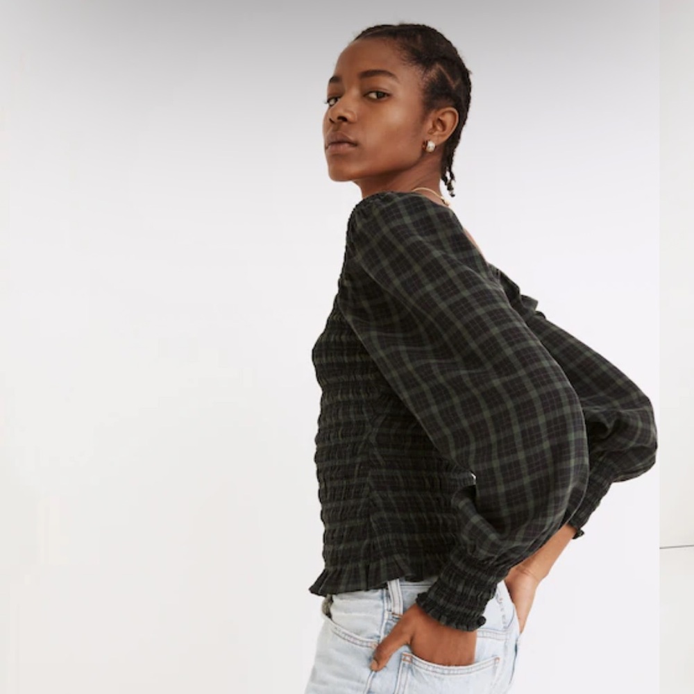Madewell Lucie Bubble Sleeve Smocked Top in Plaid